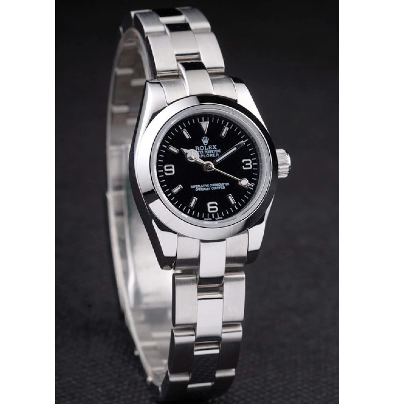 Aaa replica watch Explorer Dial Polished Stainless Steel Rolex Black 98089 0630
